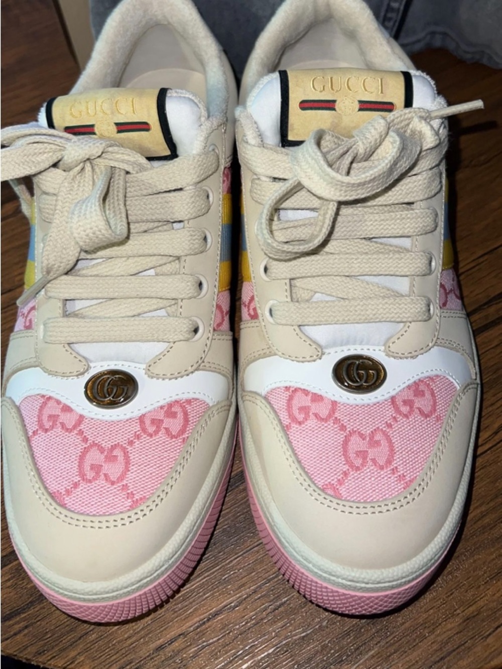 Gucci Cream and Pink GG Jacquard Low-Top Sneakers
